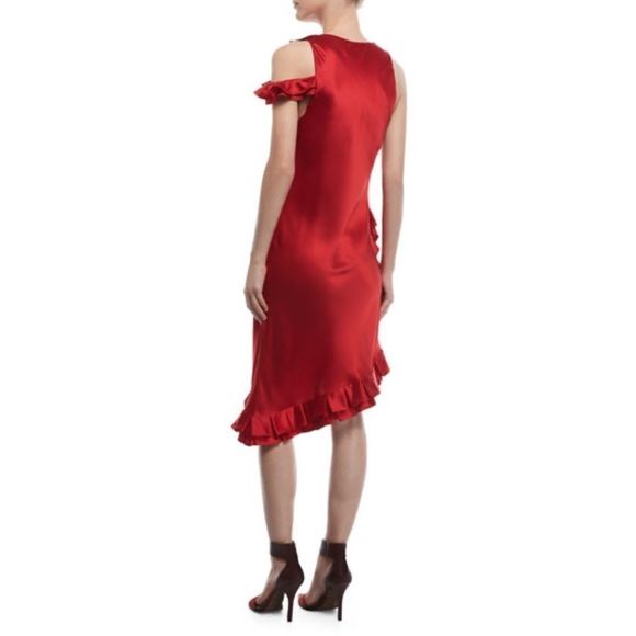 RED SILK DRESS Pure Silk 100% with Ruffles Size 8 Medium - Picture 2 of 14